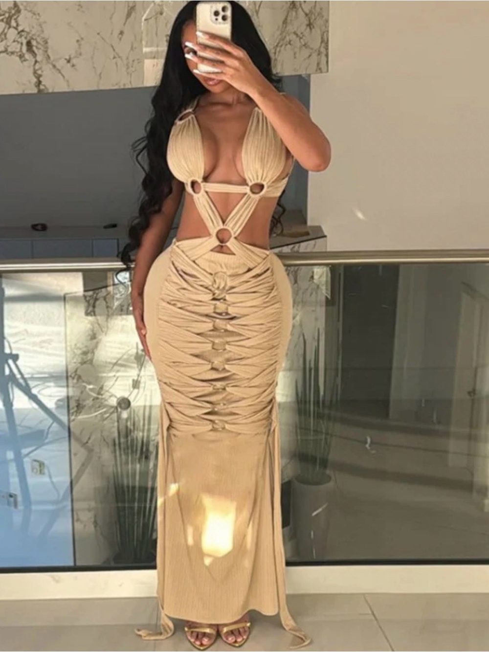 Beige Ruched Cutout Maxi Dress with Ring Details - Women